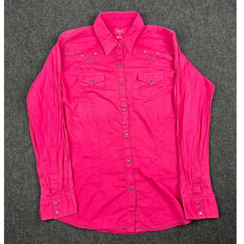 Rock 47 by Wrangler Womens Hot Pink Studded Western Snap Shirt Large LJ35419